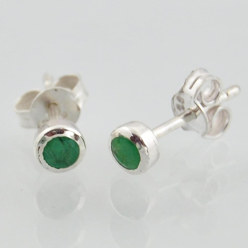 Natural green emerald 925 sterling silver round stud earrings jewelry